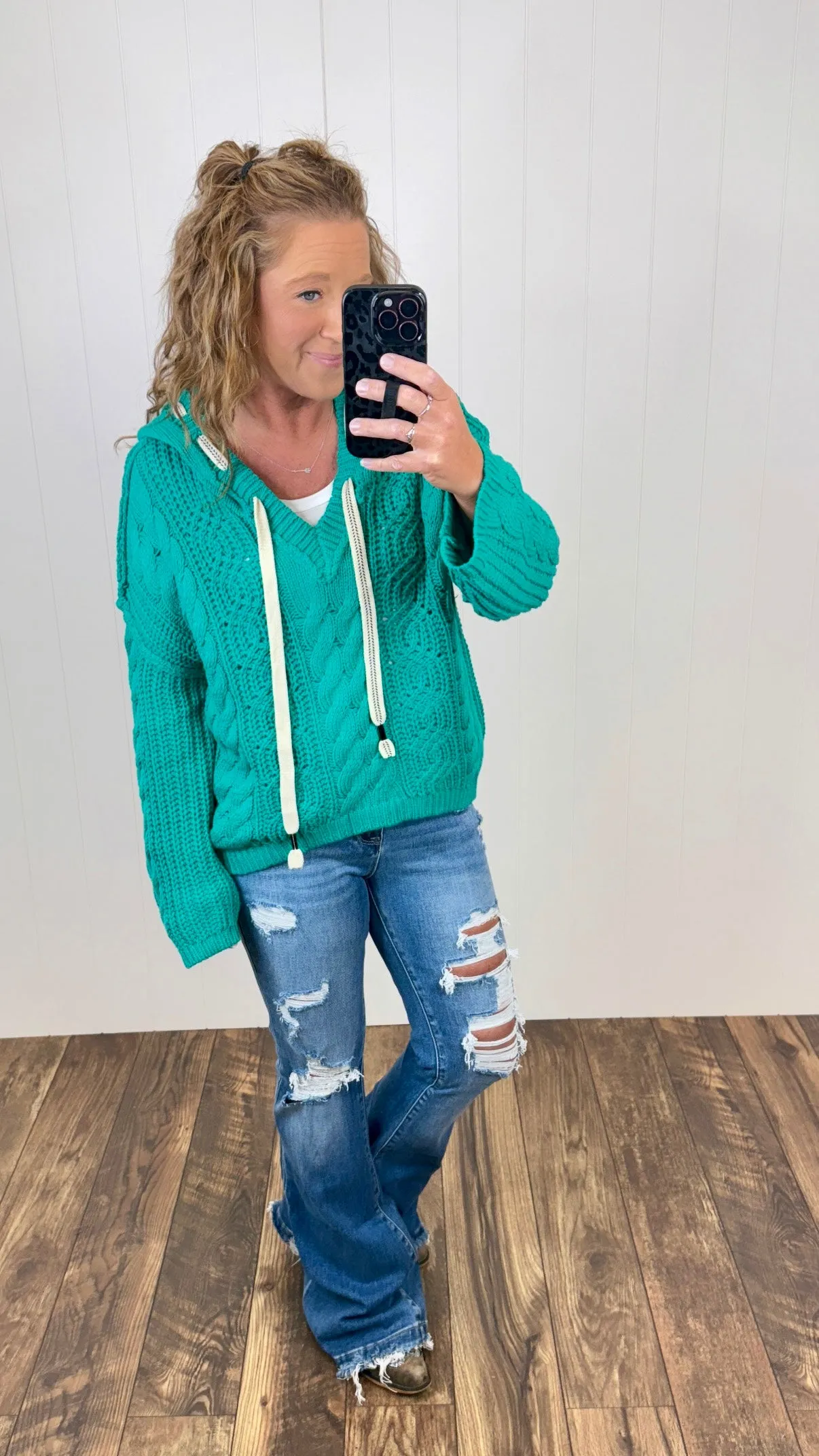 Kelly Green Hooded Chunky Knit Sweater (SM-XL)