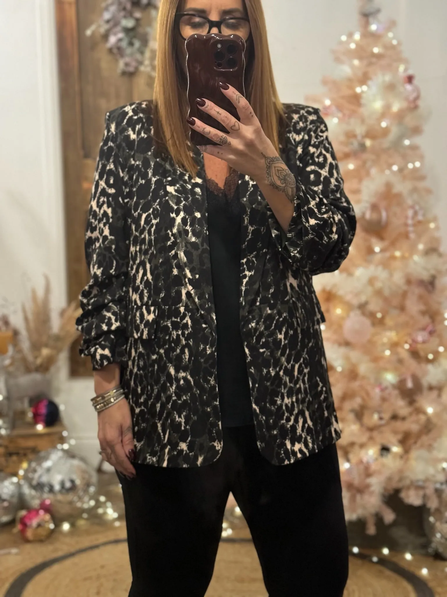 Khaki Leopard Print Ruched Sleeve Blazer