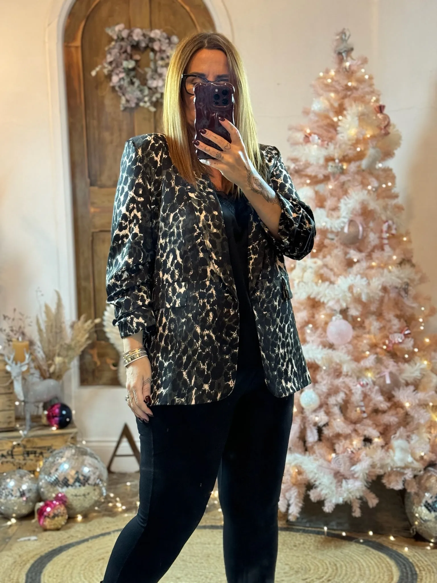 Khaki Leopard Print Ruched Sleeve Blazer