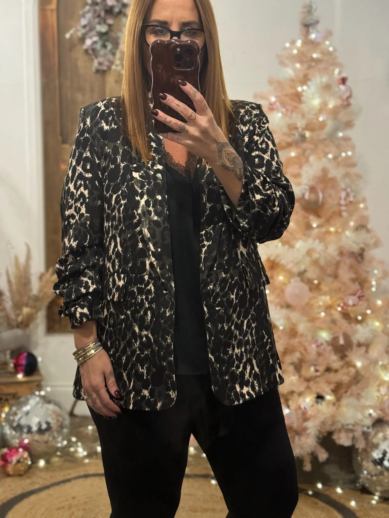 Khaki Leopard Print Ruched Sleeve Blazer