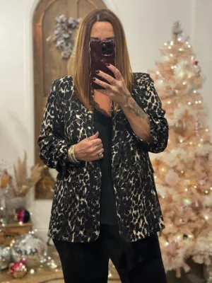 Khaki Leopard Print Ruched Sleeve Blazer