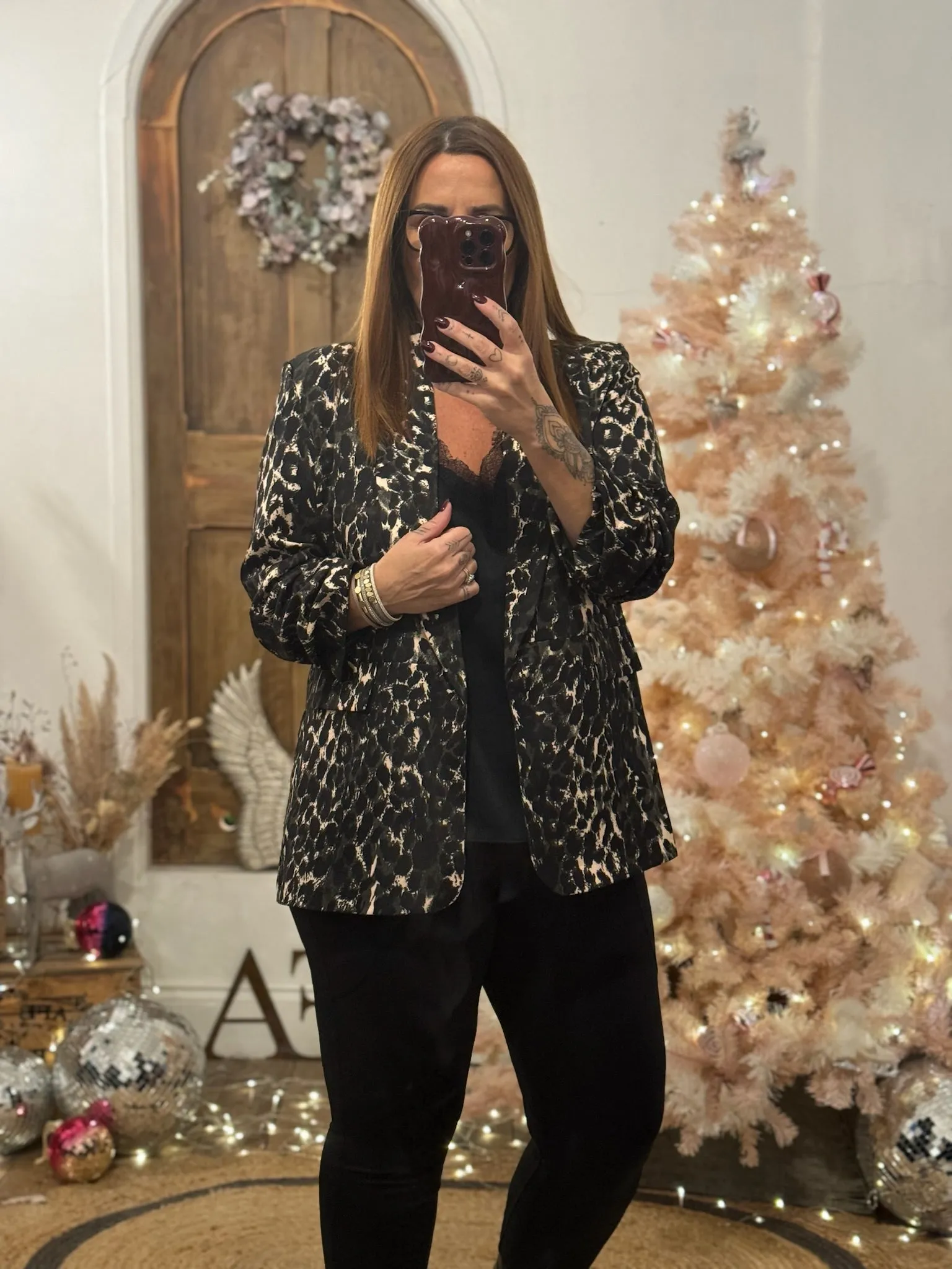 Khaki Leopard Print Ruched Sleeve Blazer