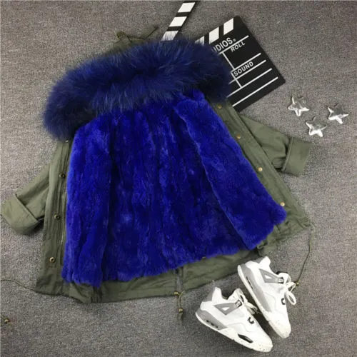 Kids Green Parka - Blue Fur