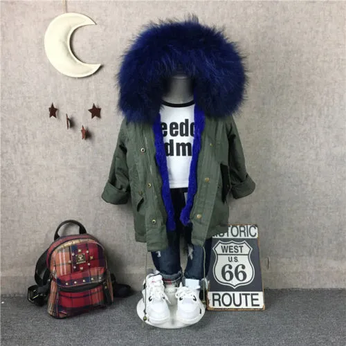 Kids Green Parka - Blue Fur