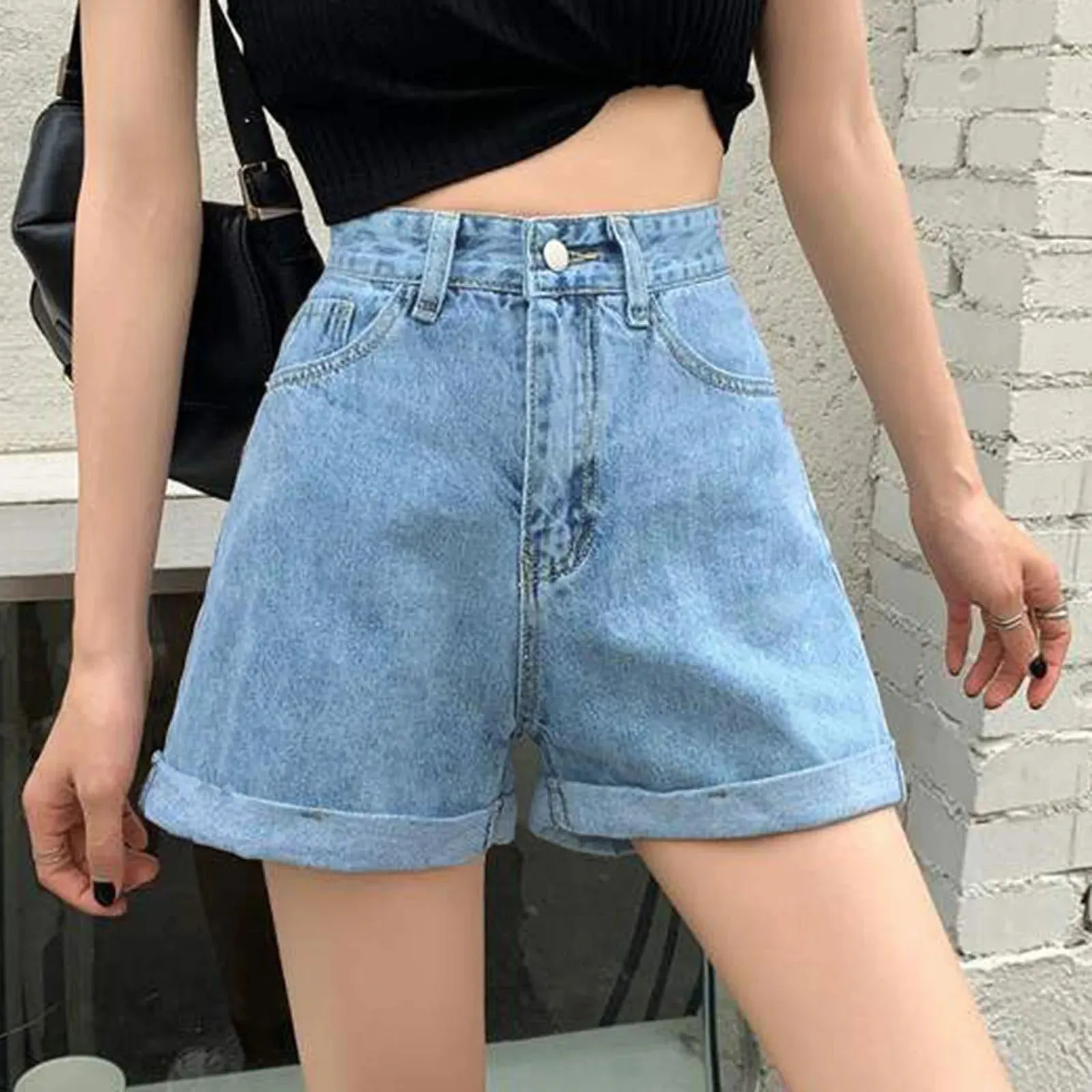 Korean-style Simple High Waist White Denim Solid All-match Short Jeans Trousers Chic Short