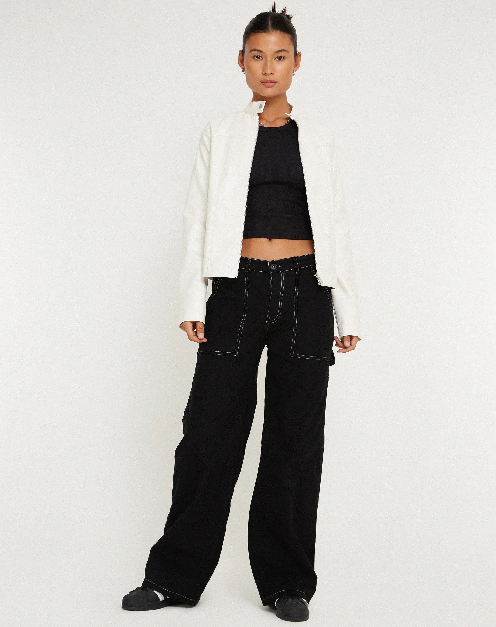 Kusnaedi Wide Leg Trouser in Black and White Top Stitch