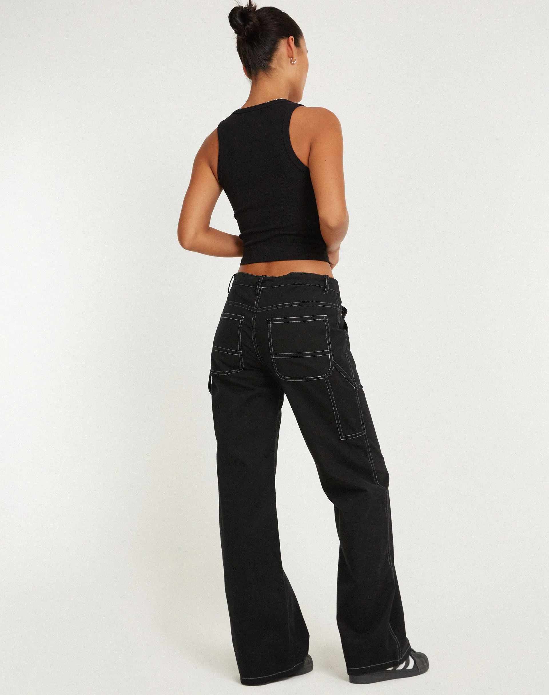 Kusnaedi Wide Leg Trouser in Black and White Top Stitch