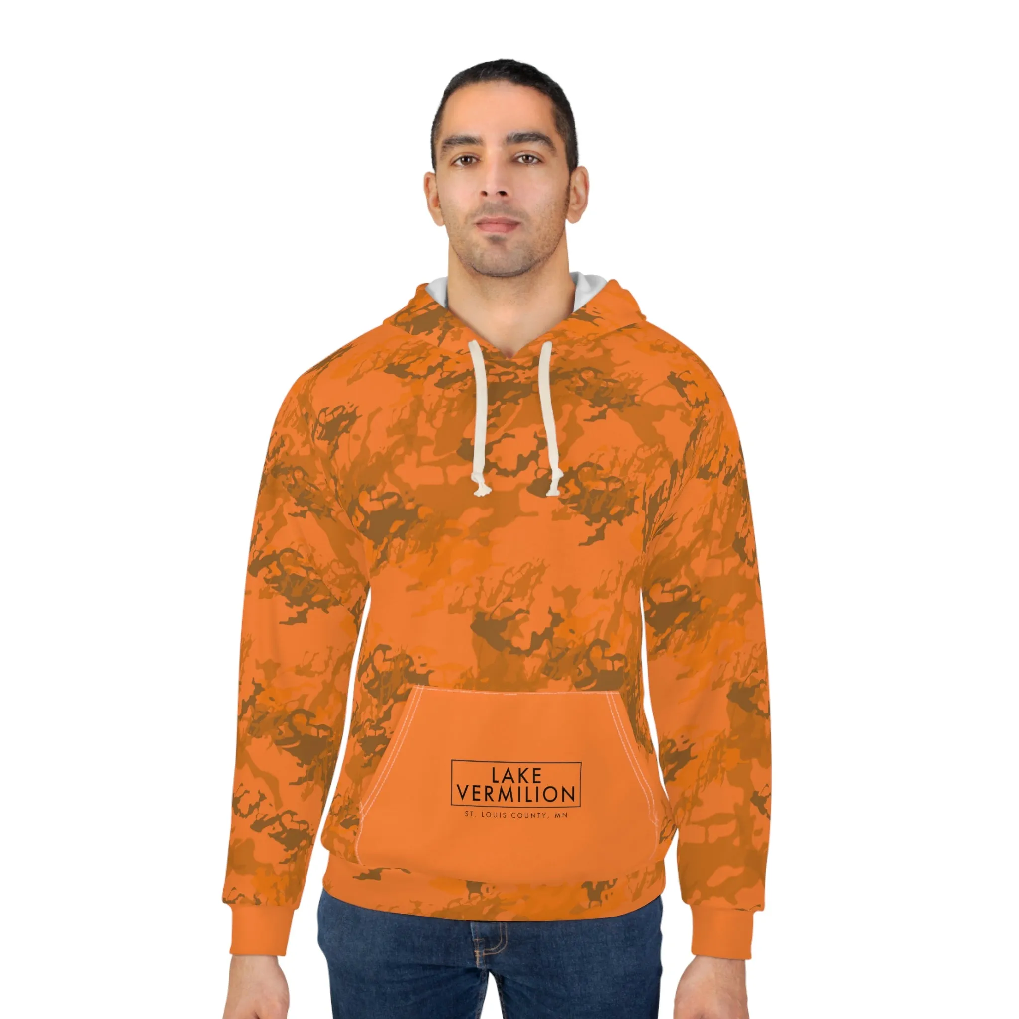 Lake Vermilion - MN - CUSTOM Vermilook® Orange Camo - Orange Pocket - AOP Unisex Pullover Hoodie