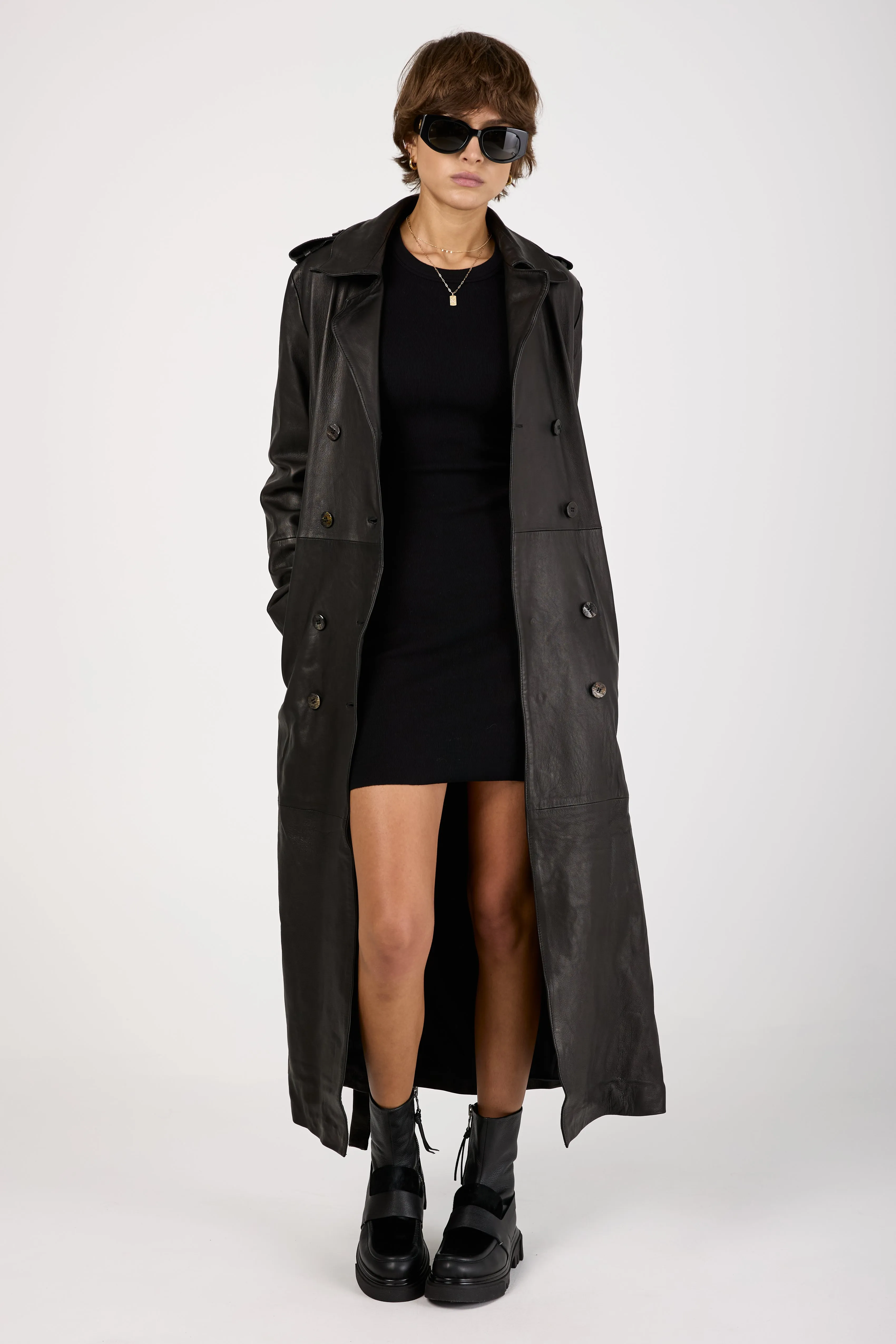 Lamb Leather Trench Coat in Black