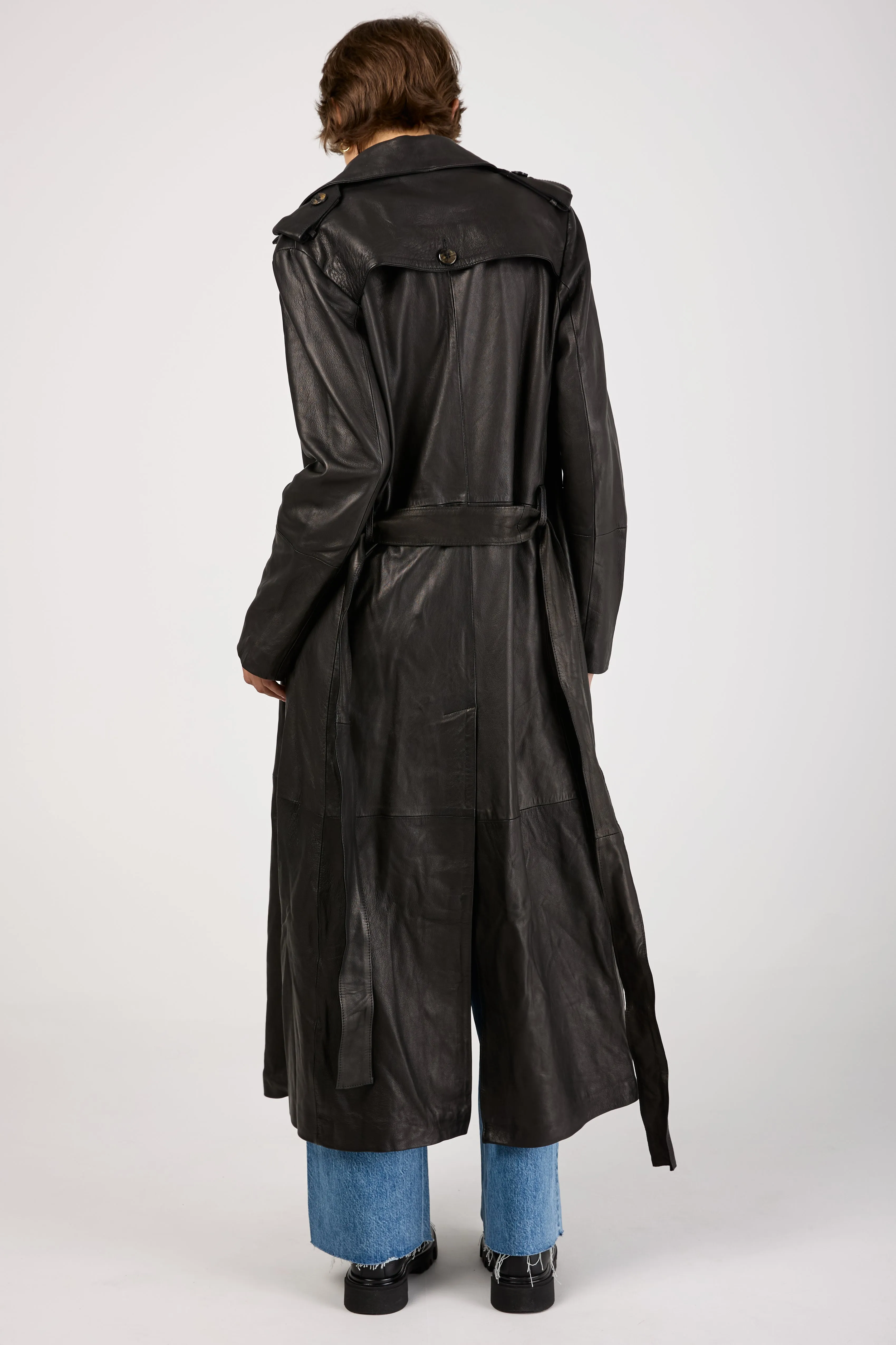 Lamb Leather Trench Coat in Black