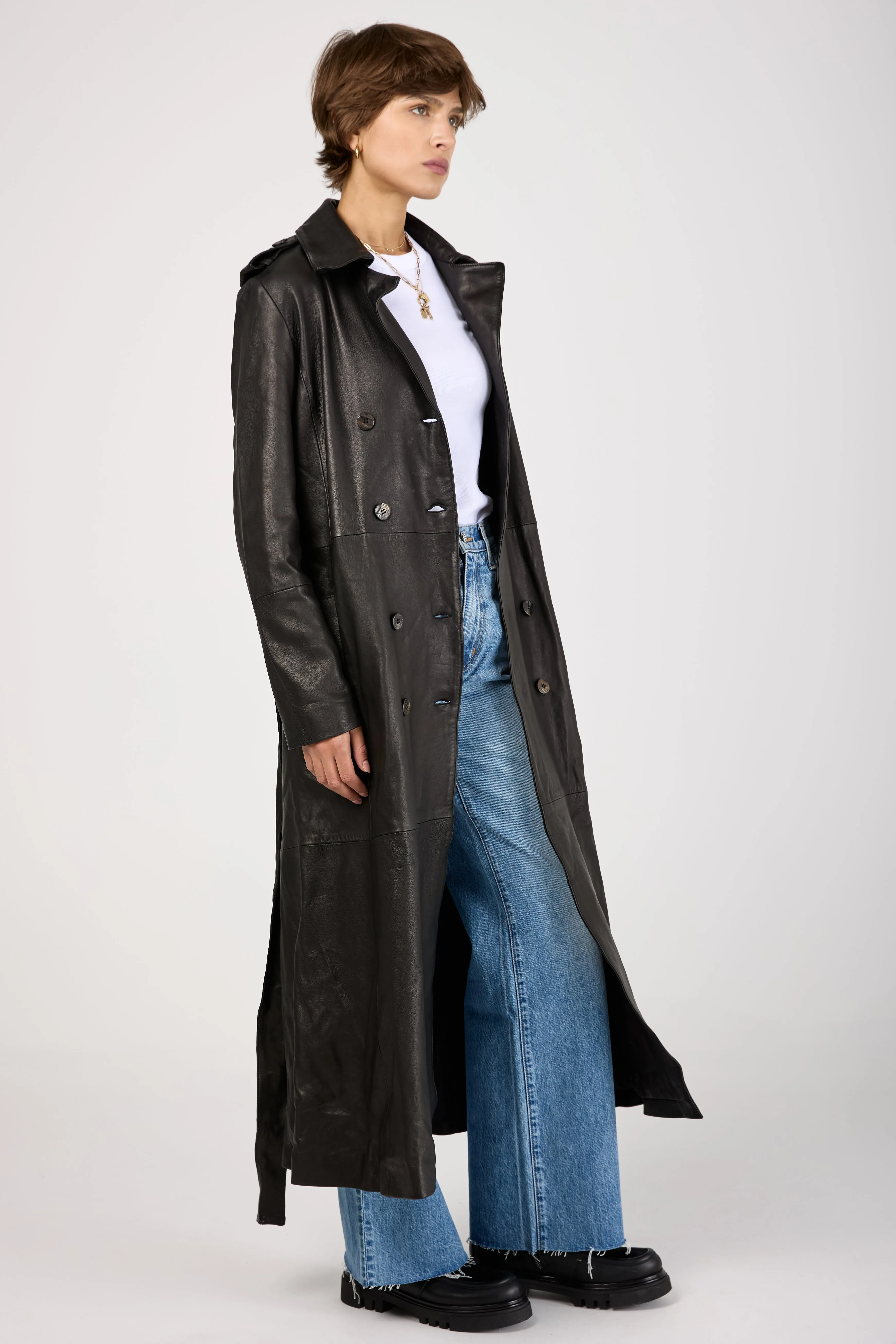 Lamb Leather Trench Coat in Black