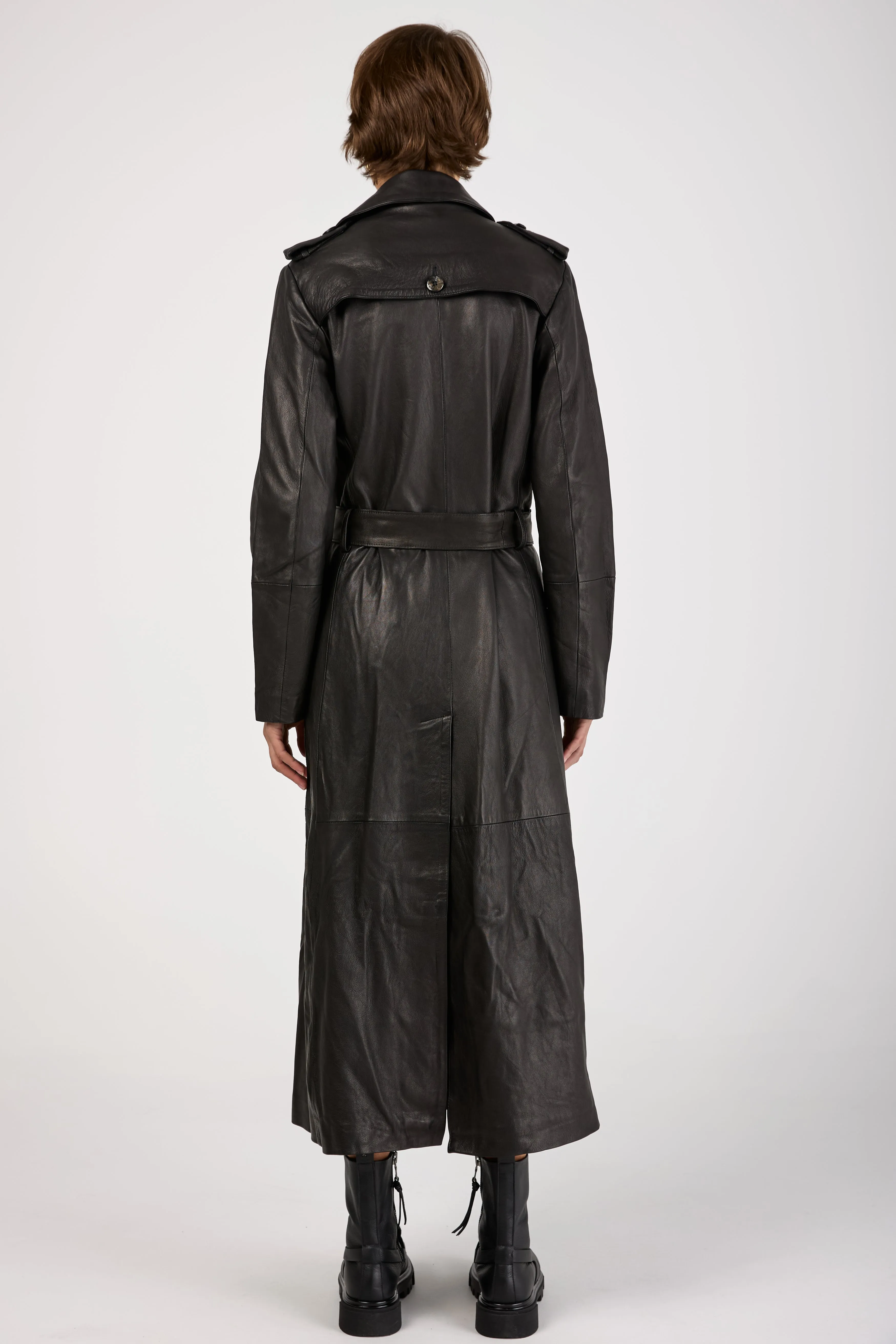 Lamb Leather Trench Coat in Black