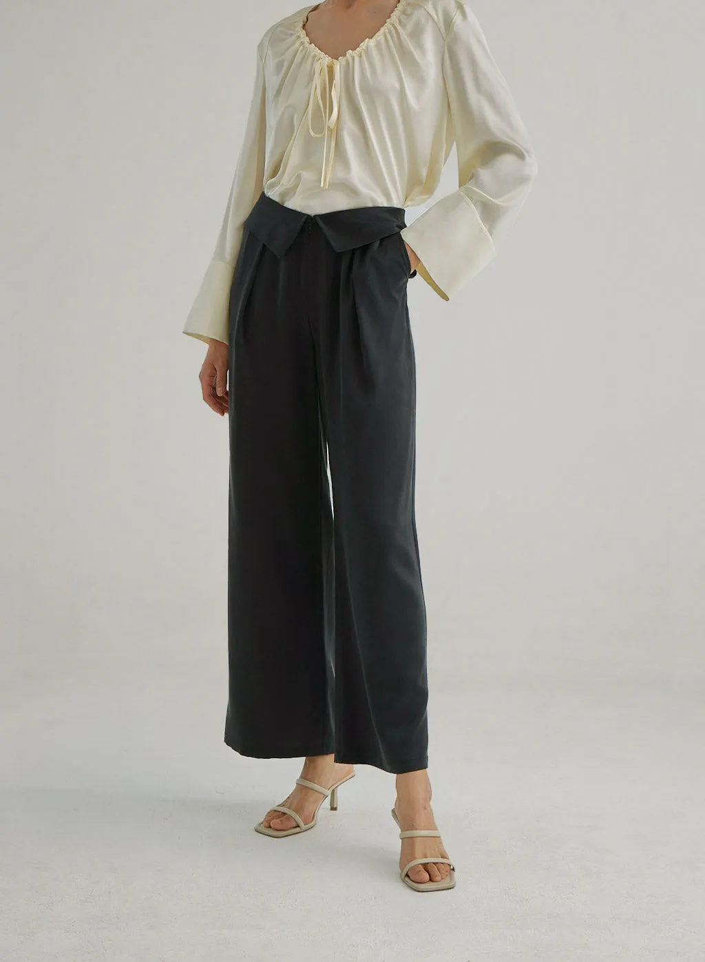 Lapel Waist Wide Leg Poly Parallel Trouser