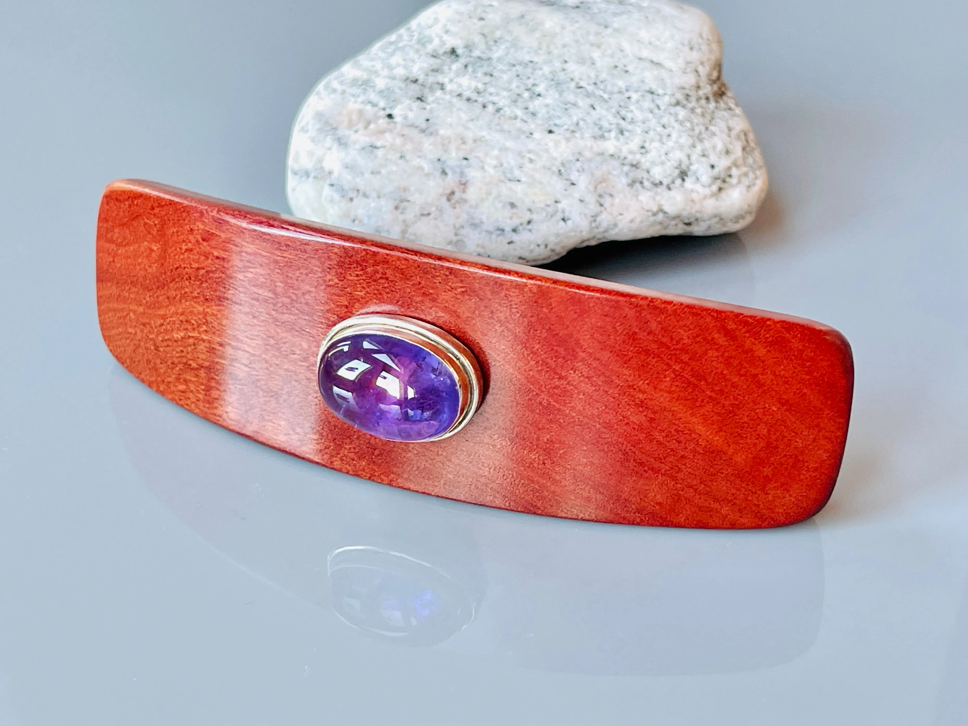 Large Pink Ivory Amethyst Silver Gemstone barrette, Unique Amethyst Gemstone Barrette