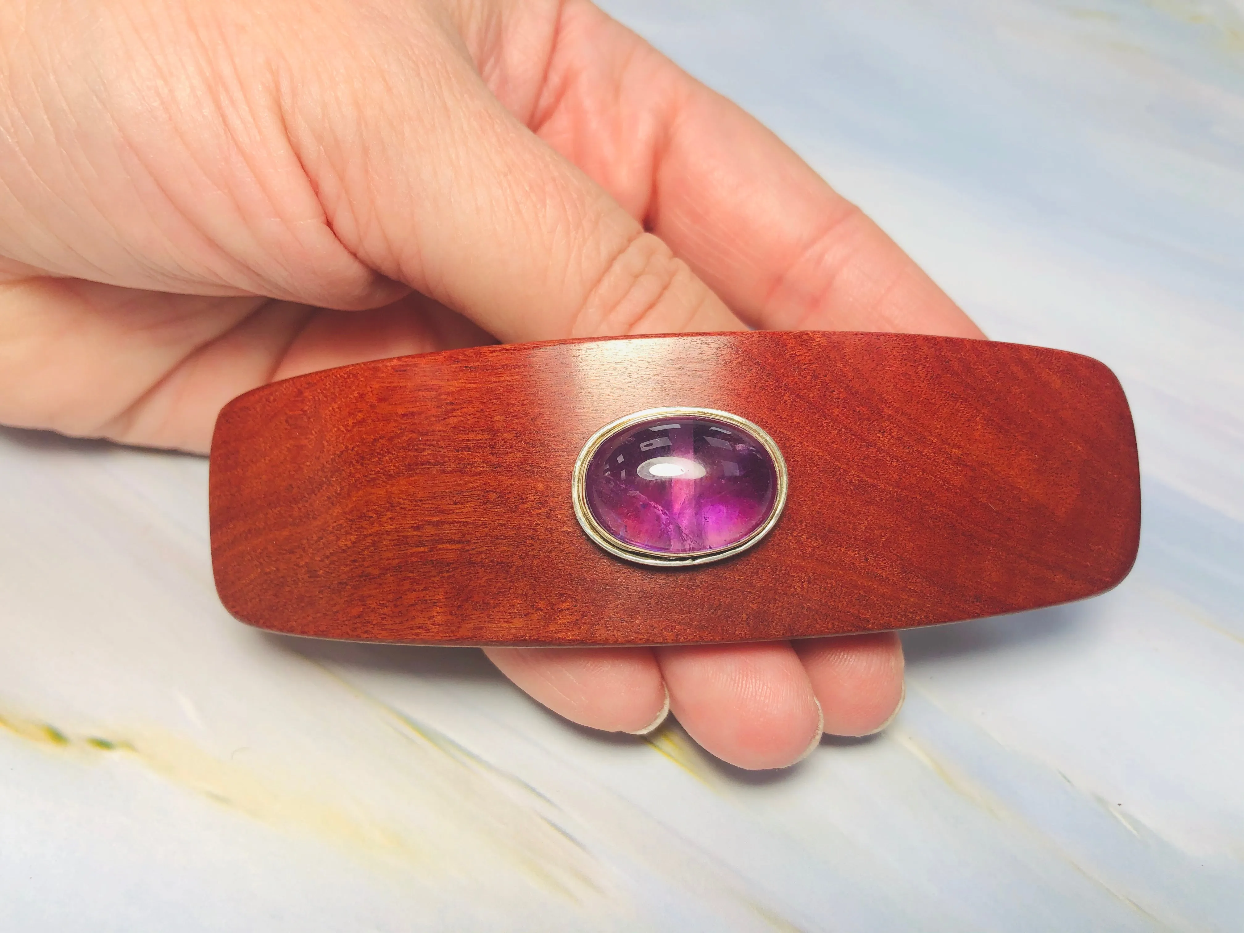 Large Pink Ivory Amethyst Silver Gemstone barrette, Unique Amethyst Gemstone Barrette