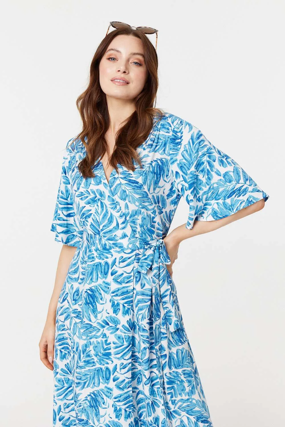 Leaf Print 1/2 Sleeve Wrap Dress