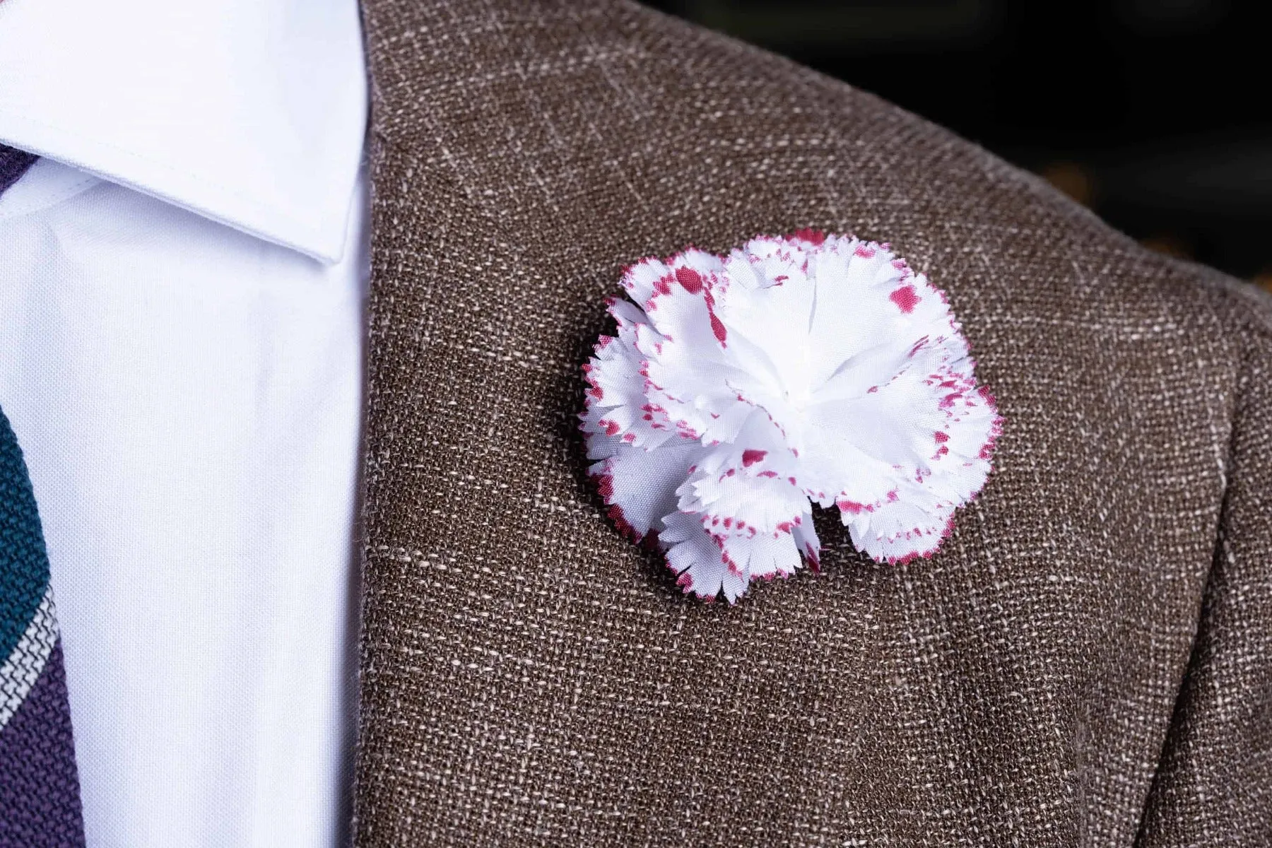 Life-Sized Magenta-Edged White Carnation Boutonnière Flower