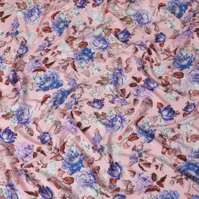 Light salmon pink premium pure Italian silk satin fabric with multicolor print in floral design-D13738