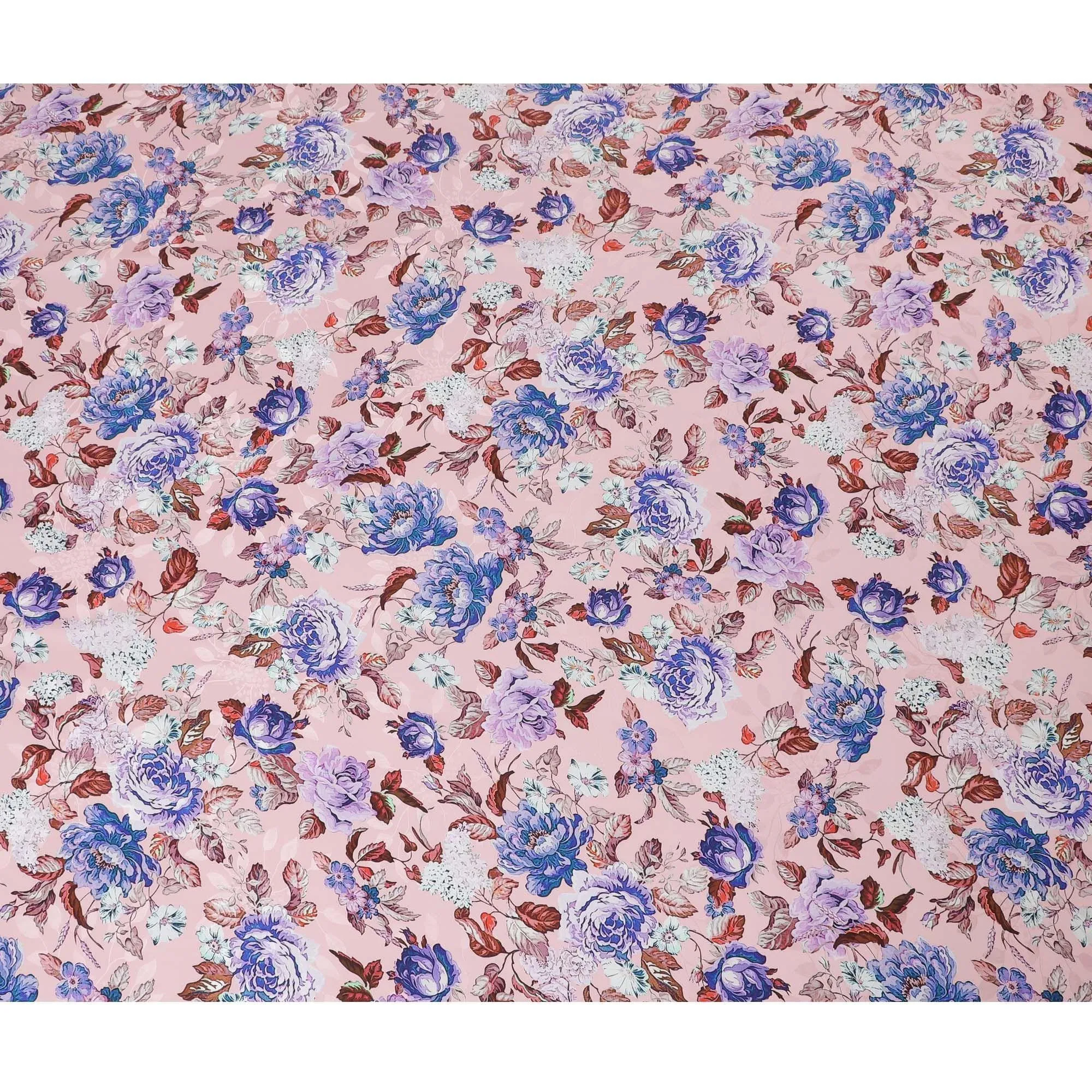 Light salmon pink premium pure Italian silk satin fabric with multicolor print in floral design-D13738