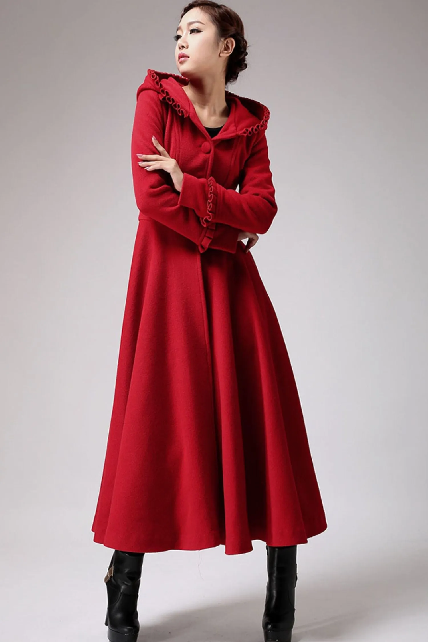 long red wool dress coat with ruffle details 702