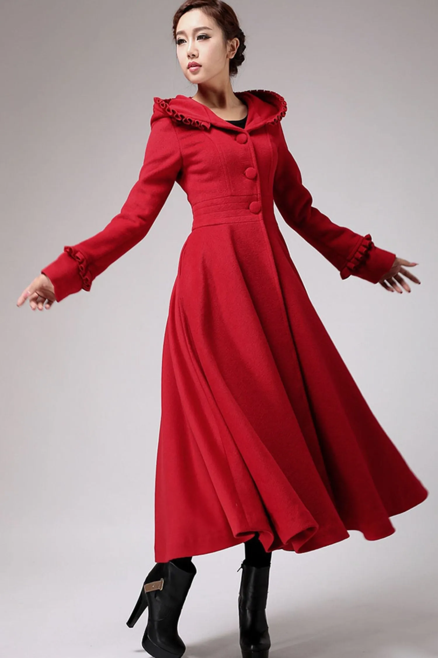 long red wool dress coat with ruffle details 702