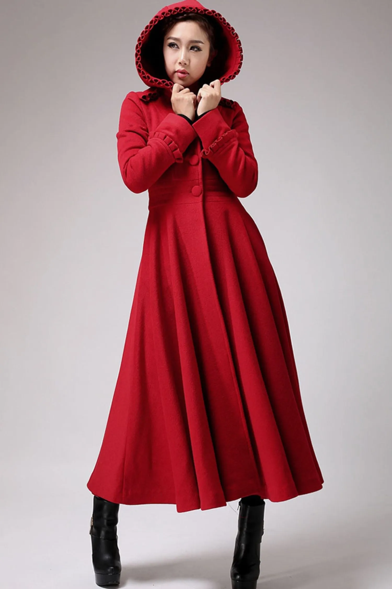 long red wool dress coat with ruffle details 702