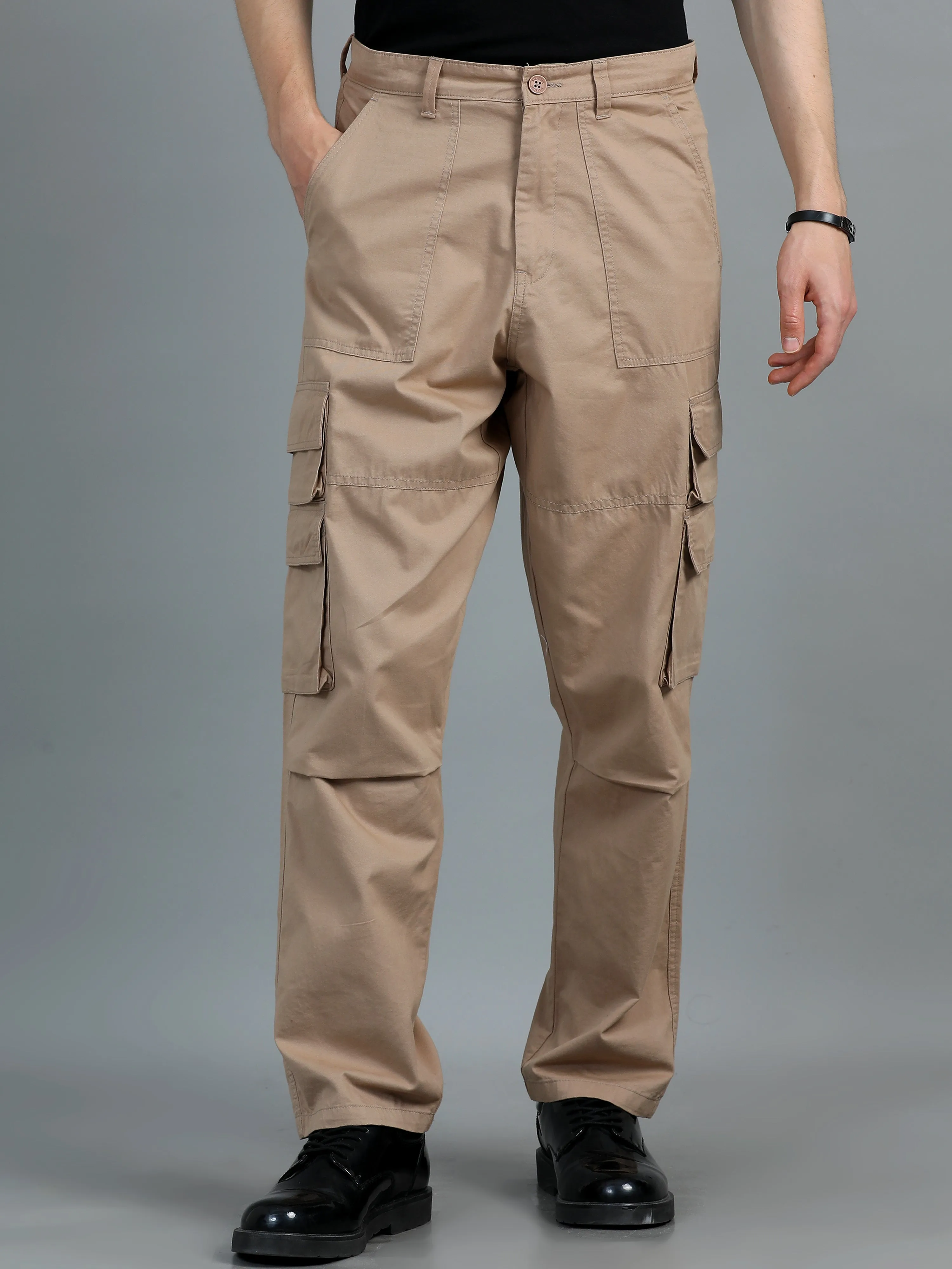 Men 2 Cotton Relaxed Fit Cargo Trousers, Beige , Moss Green