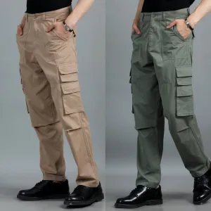 Men 2 Cotton Relaxed Fit Cargo Trousers, Beige , Moss Green