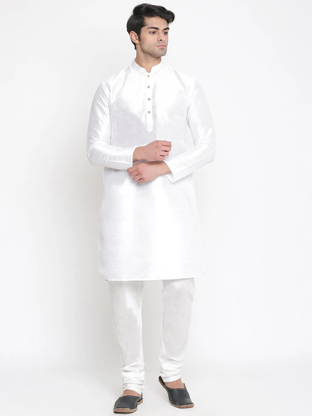 Men's Silk Blend Kurta And Pyjama With Black Polka Nehru Jacket