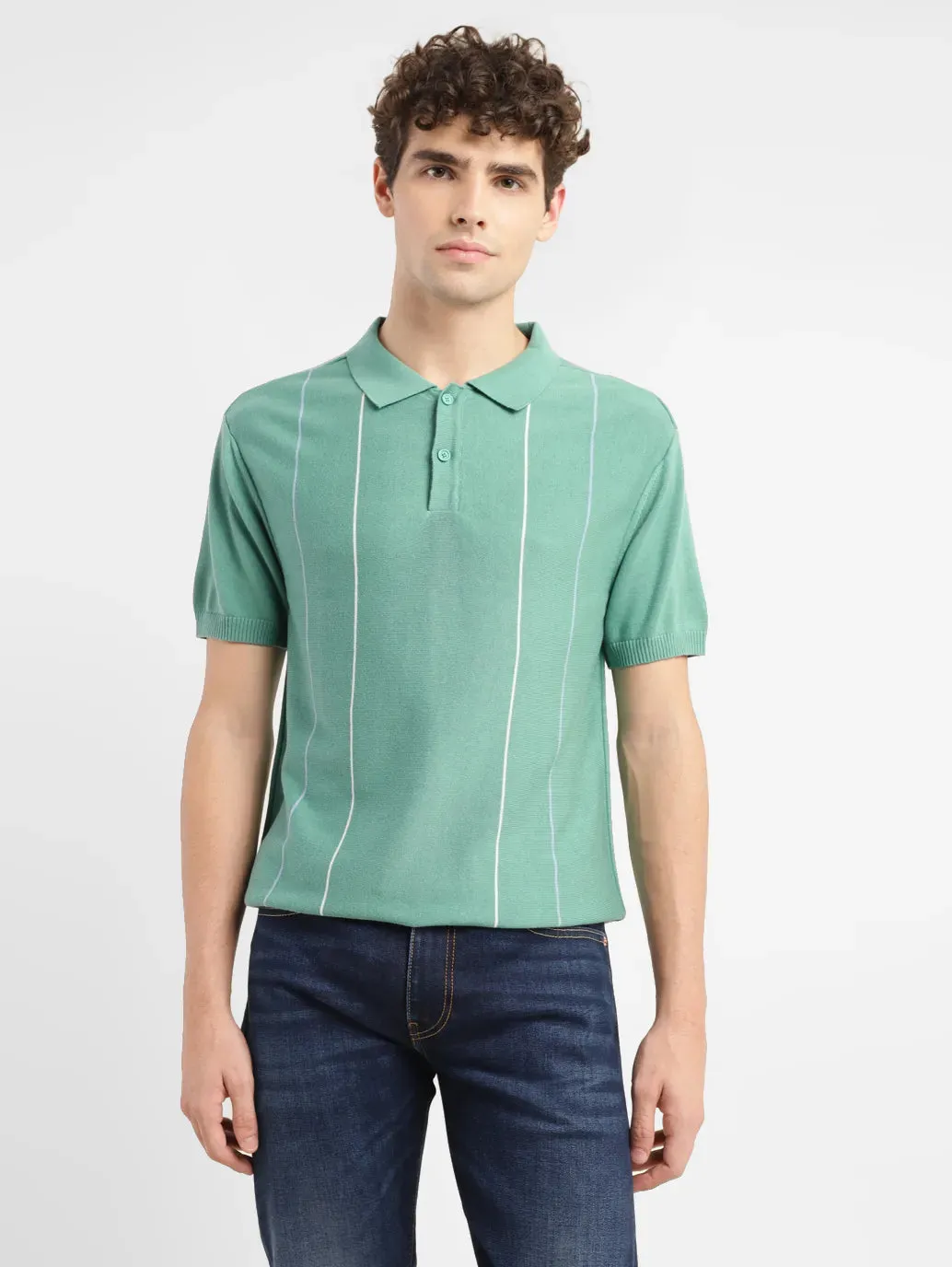 Men's Striped Green Polo Collar Sweater