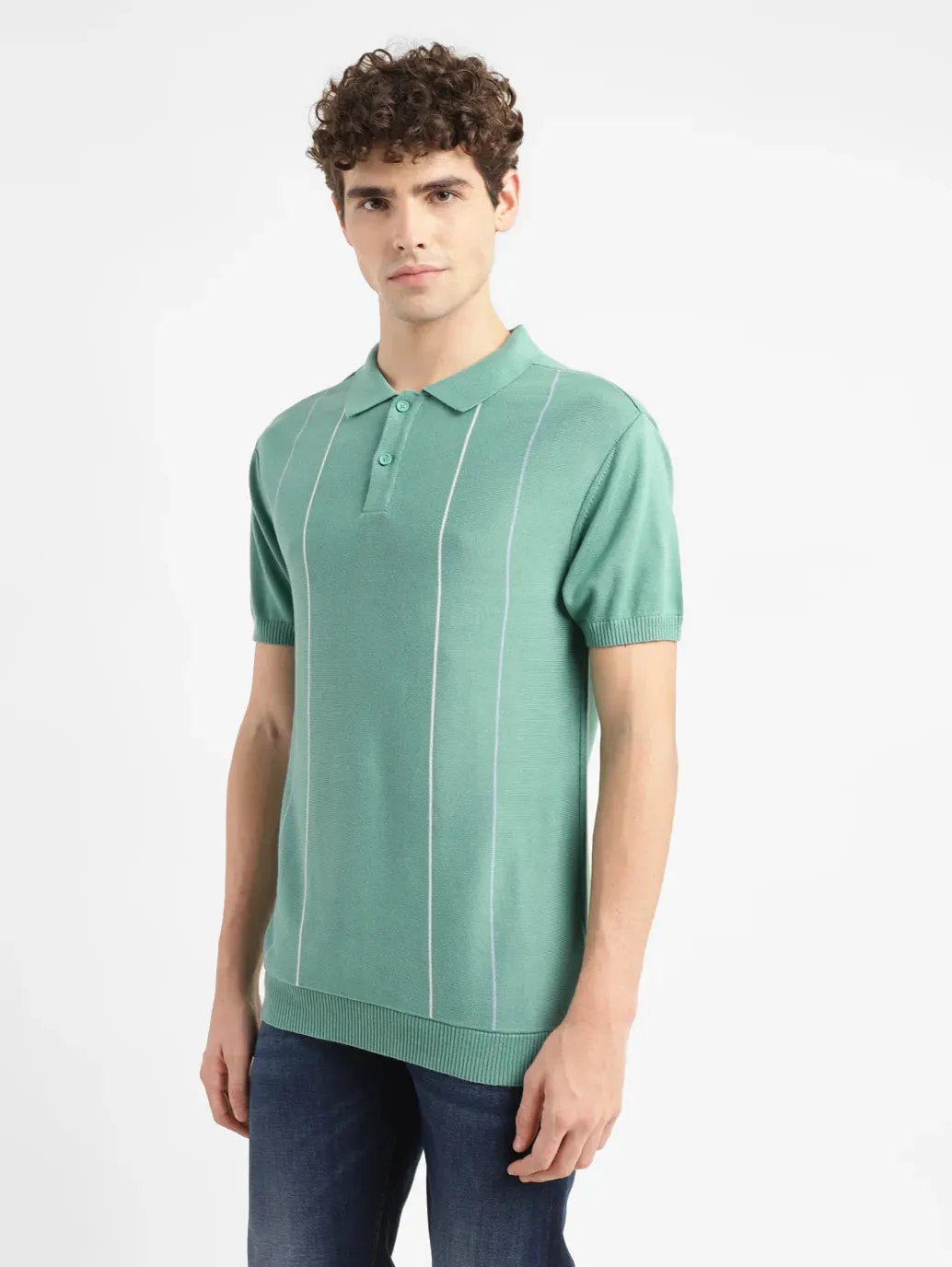 Men's Striped Green Polo Collar Sweater