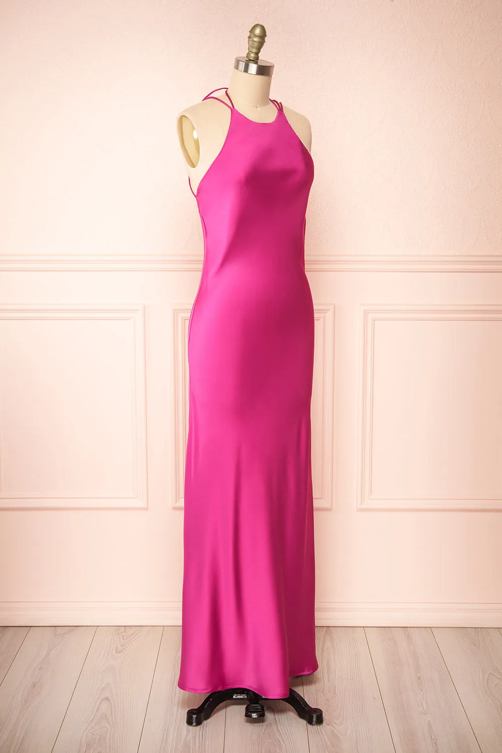 Nairobi Fuchsia | Satin Maxi Dress w/ Open Back