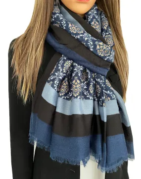 NAVY BLUE METALLIC PAISLEY PRINT PASHMINA SHAWL SCARF WITH STRIPES