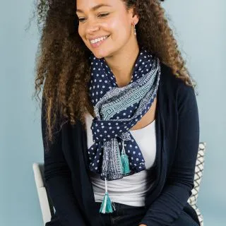 Navy, Grey And Aqua Tassel Scarf