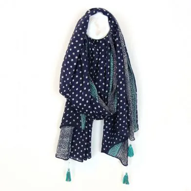 Navy, Grey And Aqua Tassel Scarf