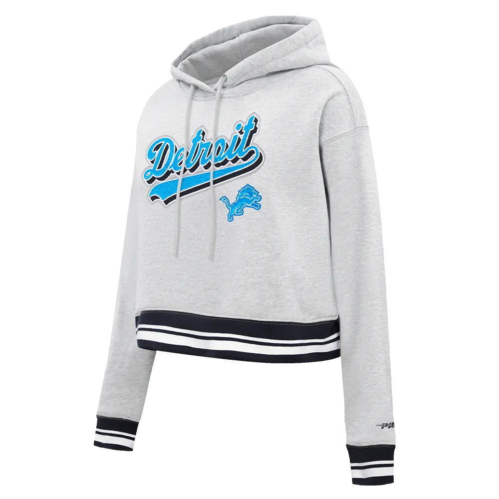 NFL DETROIT LIONS SCRIPT TAIL WOMEN'S RIB FLC CROPPED PO HOODIE (HEATHER GRAY/BLACK)