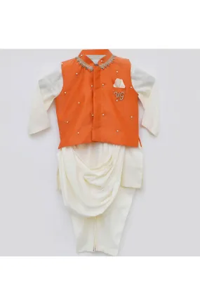 Off White Asymmetrical Kurta With Orange Pearl Embroidered Jacket Set