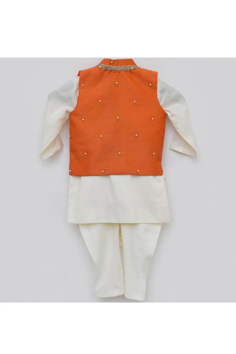 Off White Asymmetrical Kurta With Orange Pearl Embroidered Jacket Set