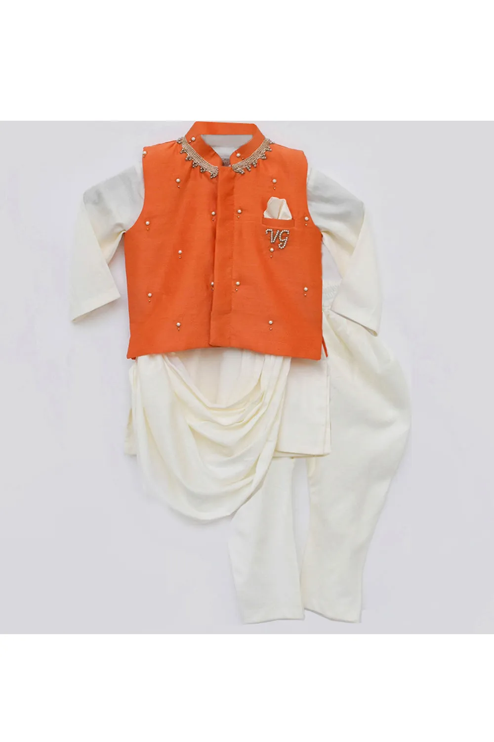 Off White Asymmetrical Kurta With Orange Pearl Embroidered Jacket Set