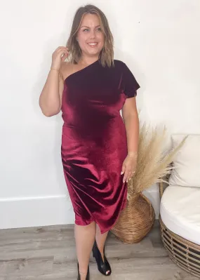 One Shoulder Velvet Wrap Dress - Wine