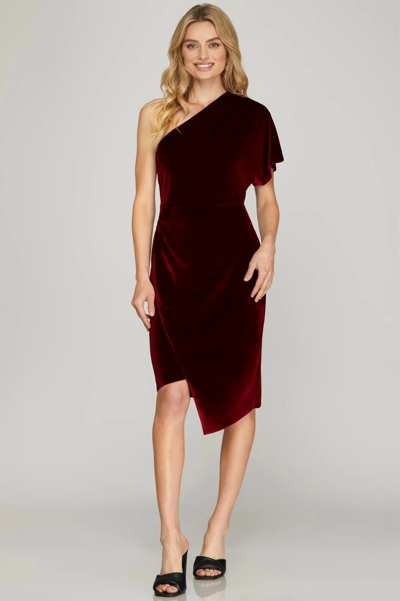 One Shoulder Velvet Wrap Dress - Wine