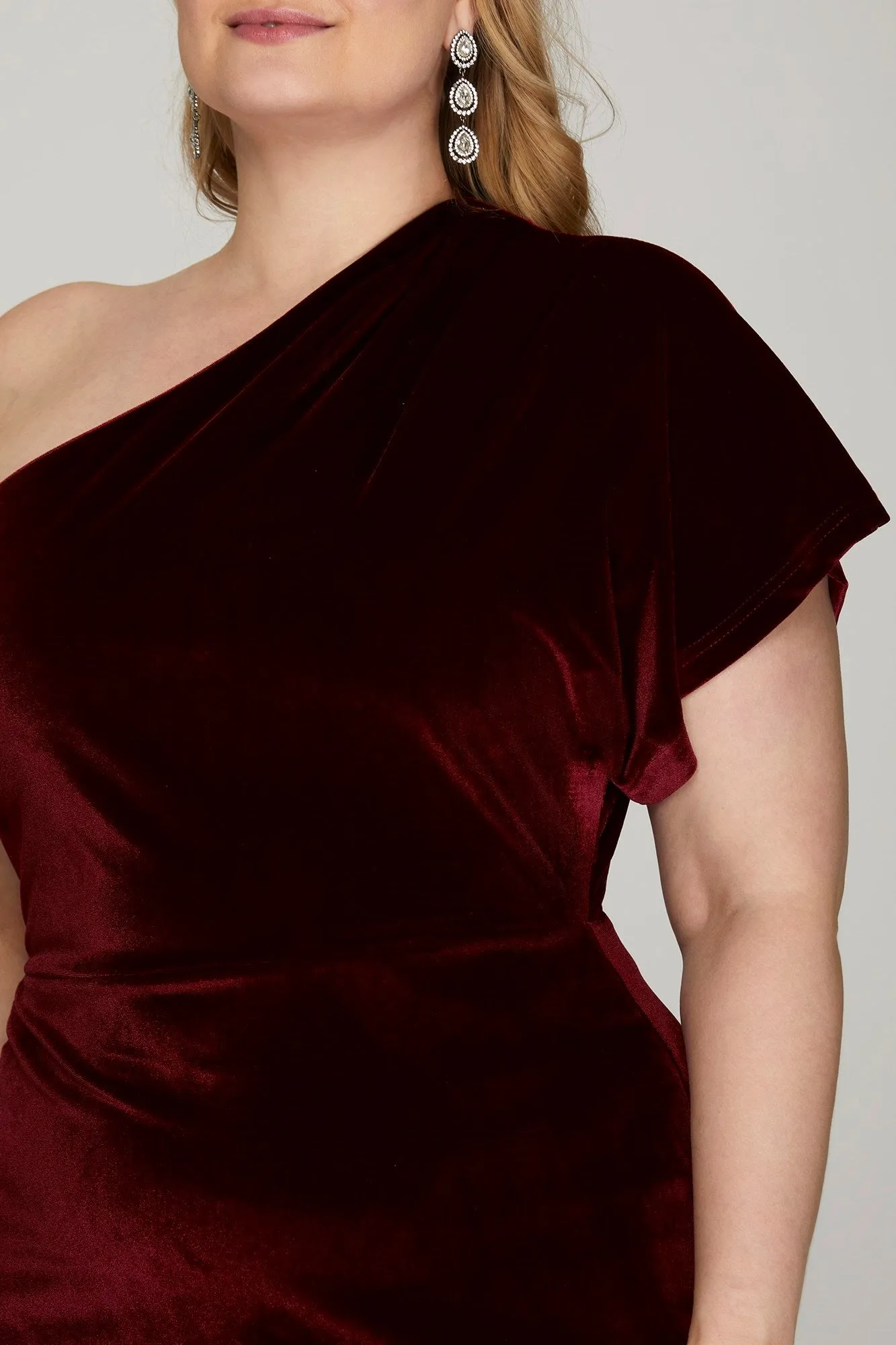 One Shoulder Velvet Wrap Dress - Wine