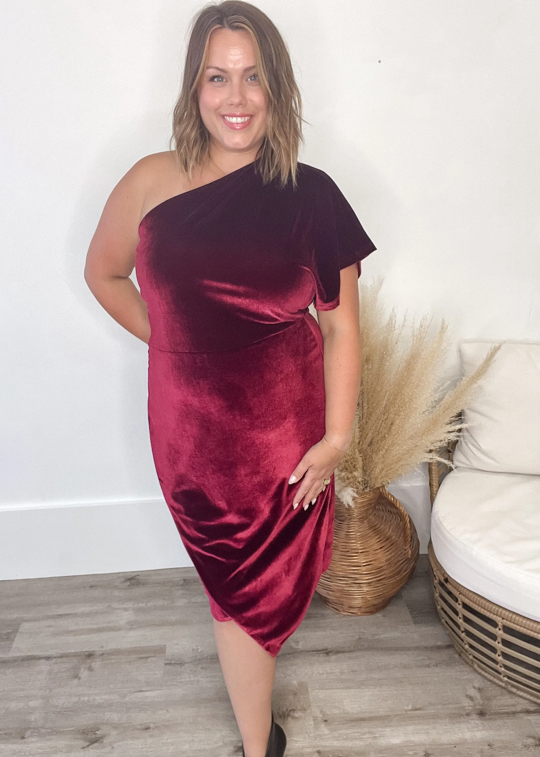 One Shoulder Velvet Wrap Dress - Wine