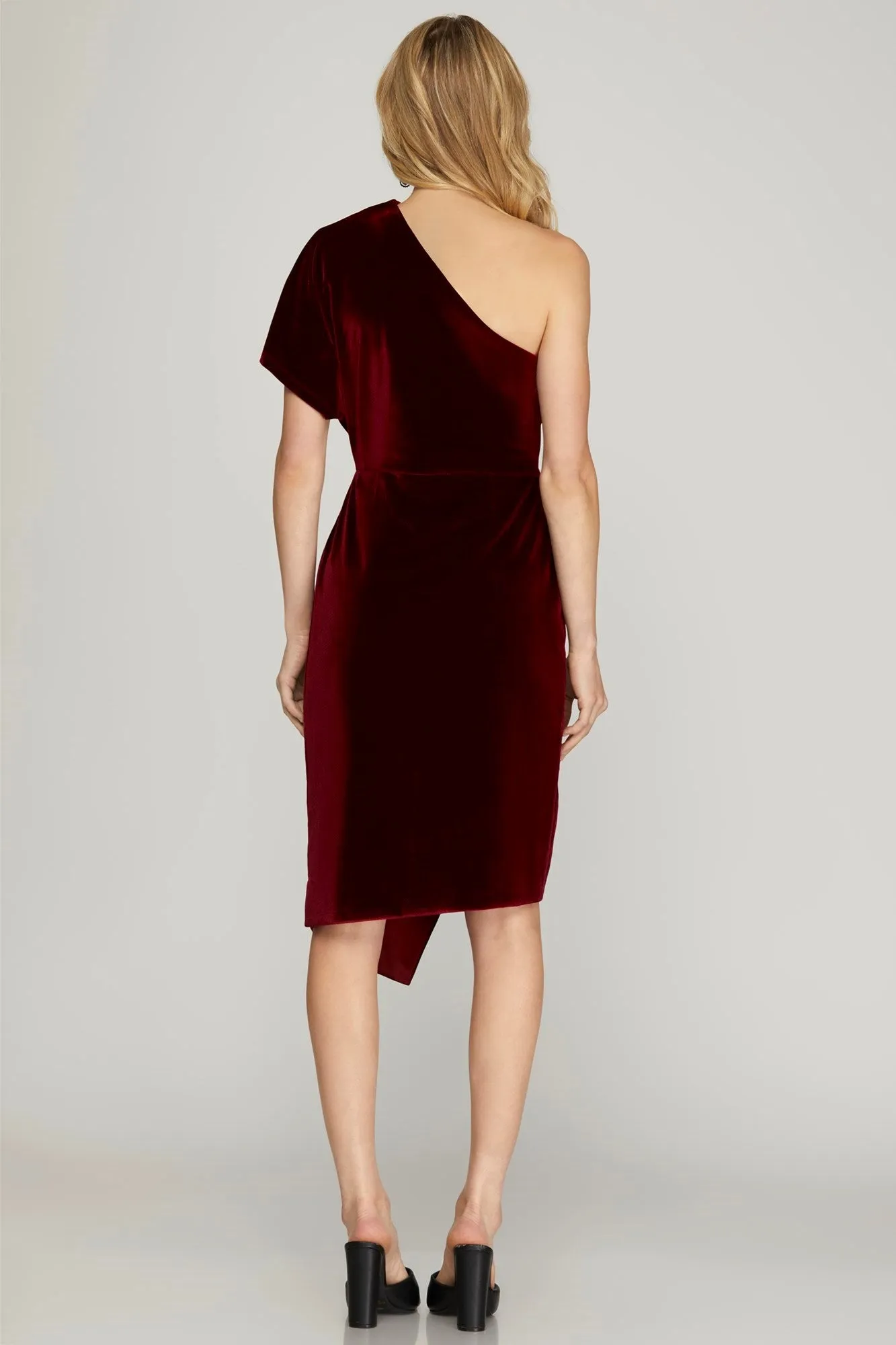 One Shoulder Velvet Wrap Dress - Wine