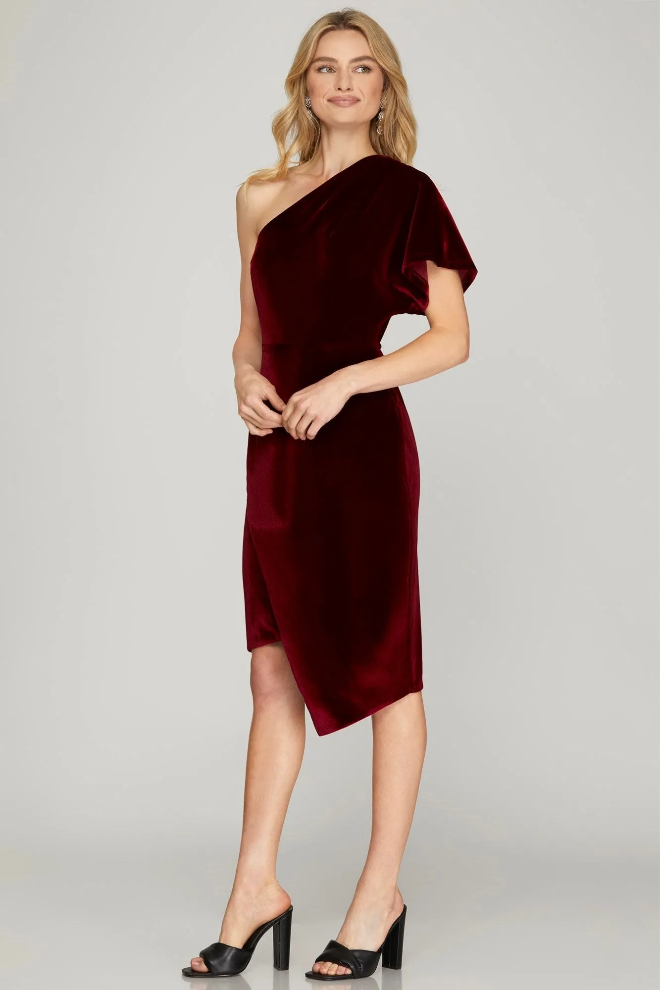 One Shoulder Velvet Wrap Dress - Wine