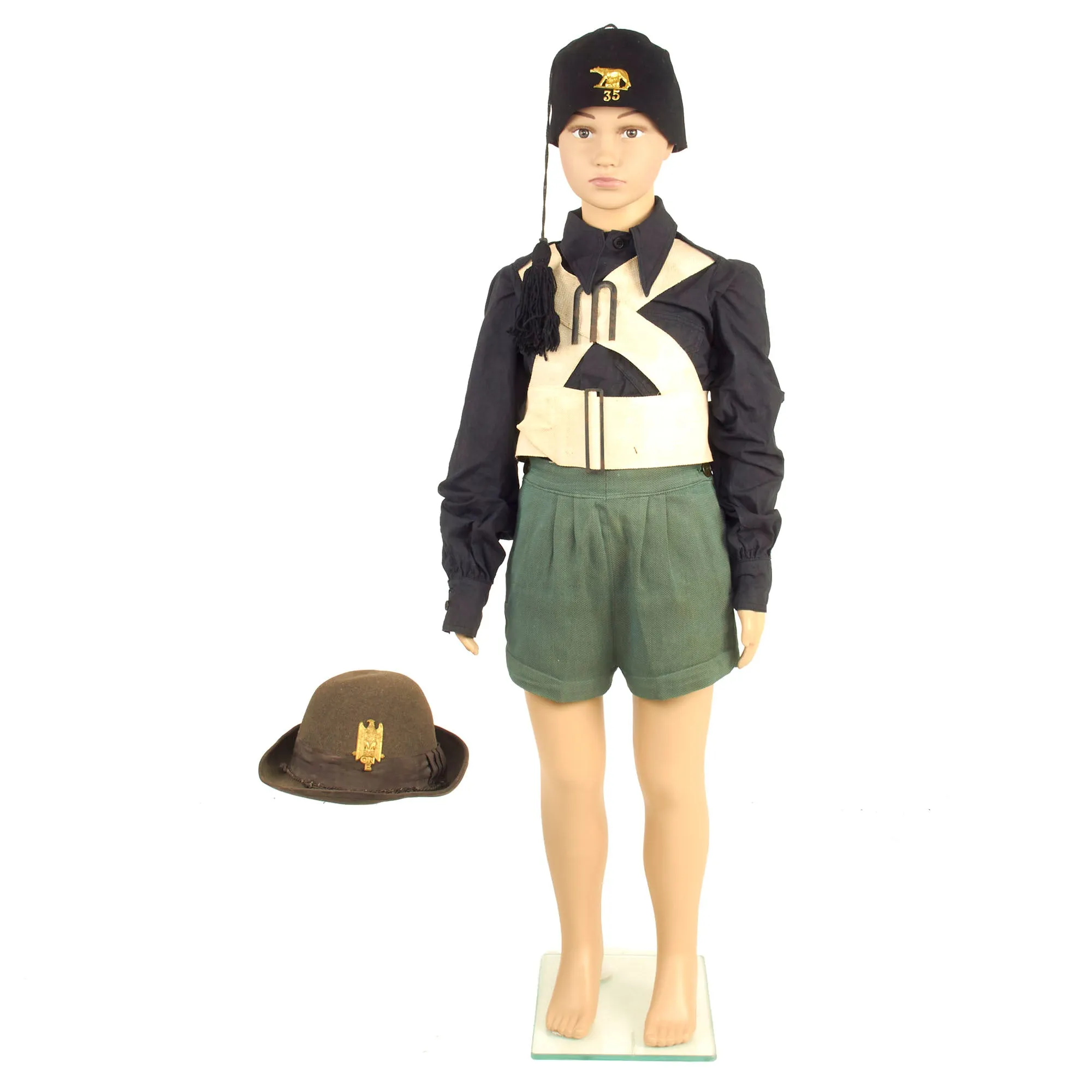 Original Italy Pre- WWII Fascist Italian Youth ONB Uniform Set With Fez and Alpini Cap On Mannequin