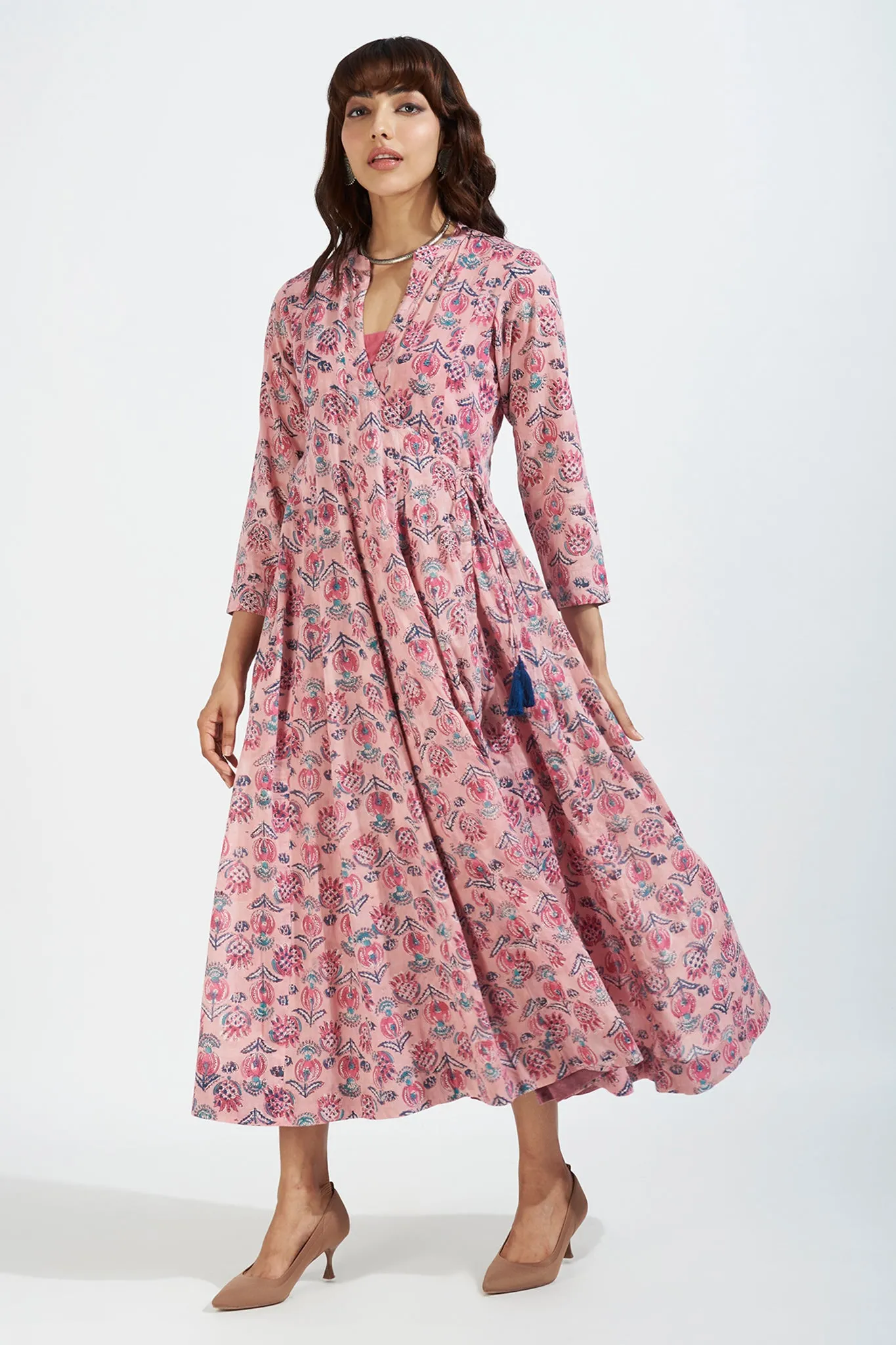 panel mughal angrakha with pockets & slip dress - whispering petals & pastel pink