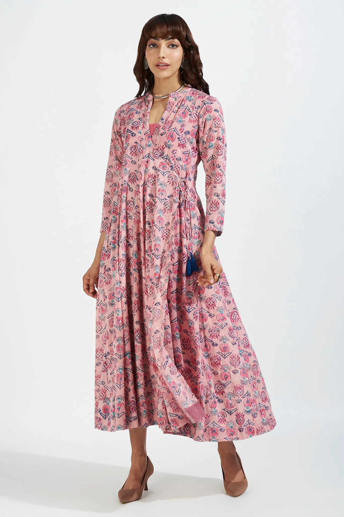 panel mughal angrakha with pockets & slip dress - whispering petals & pastel pink