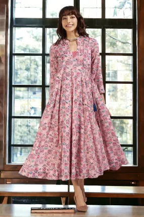 panel mughal angrakha with pockets & slip dress - whispering petals & pastel pink