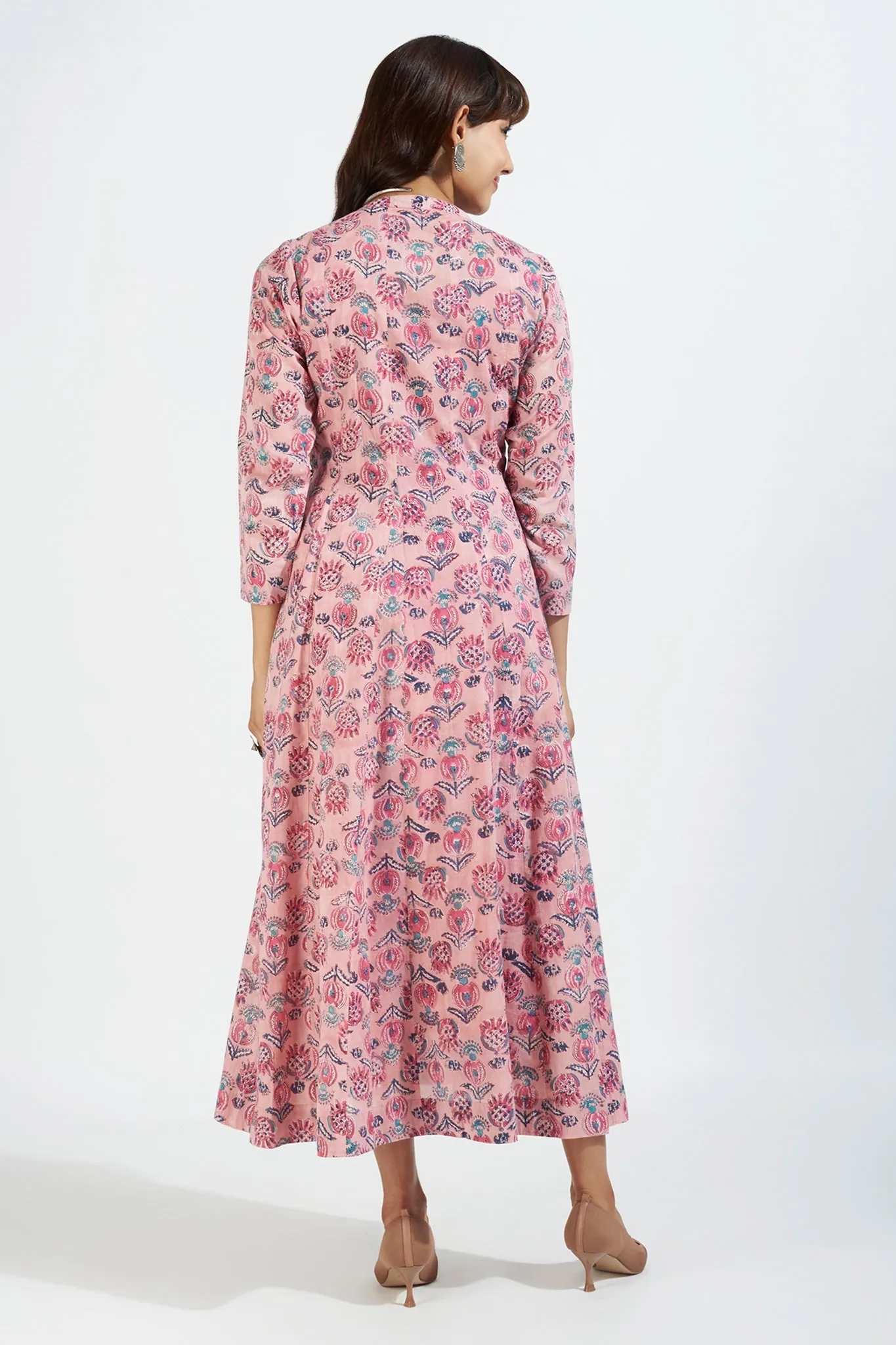 panel mughal angrakha with pockets & slip dress - whispering petals & pastel pink